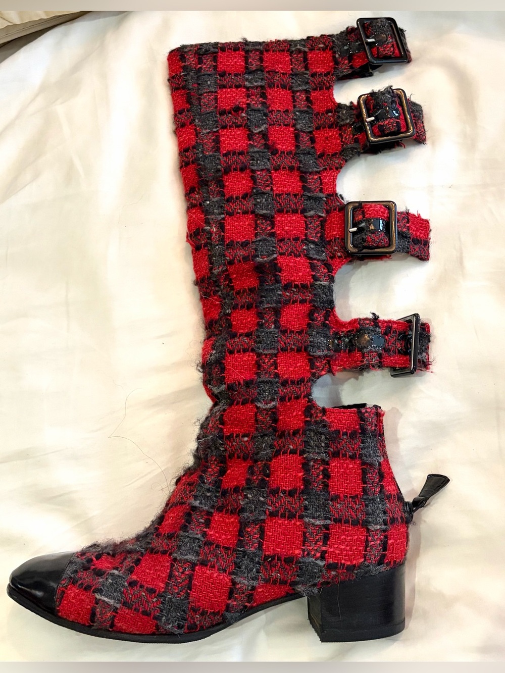 CHANEL Fall07 Karl L. Tweed Cap Toe Buckle Boots, Red/Grey/Blk Plaid, CCs,37,EUC - Picture 8 of 15